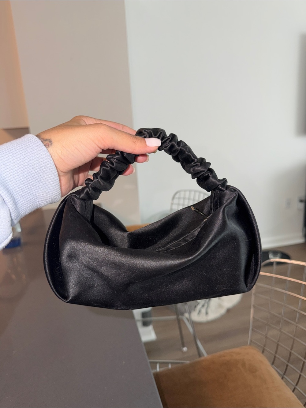 Black Satin Scrunch Handle Shoulder Bag